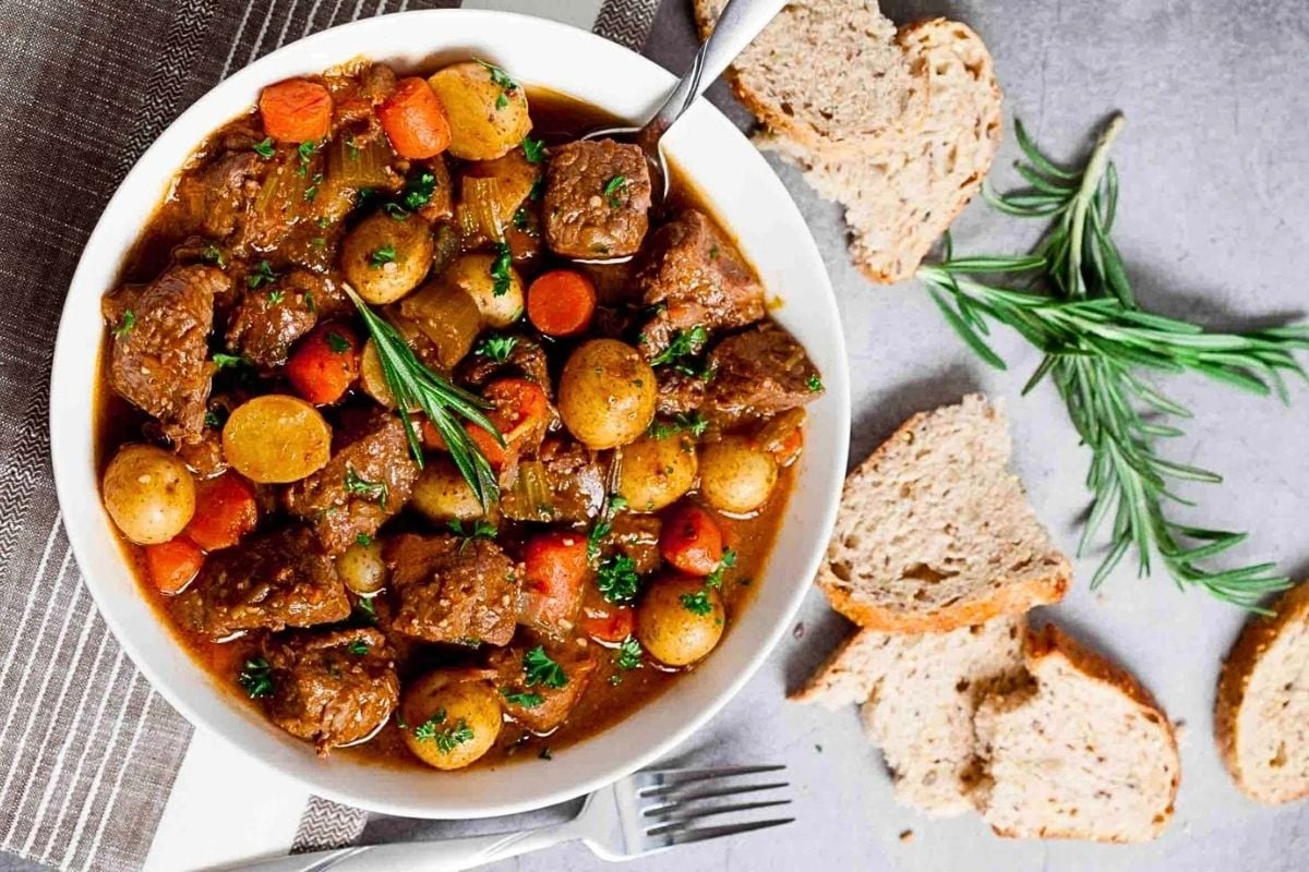 Irish Guinness Beef Stew overhead view.