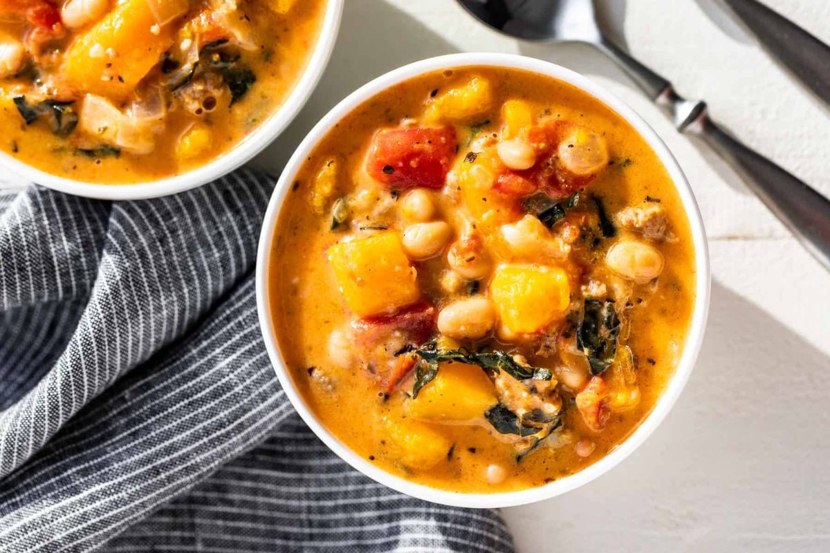 Italian Sausage Butternut Squash Soup in a bowl.