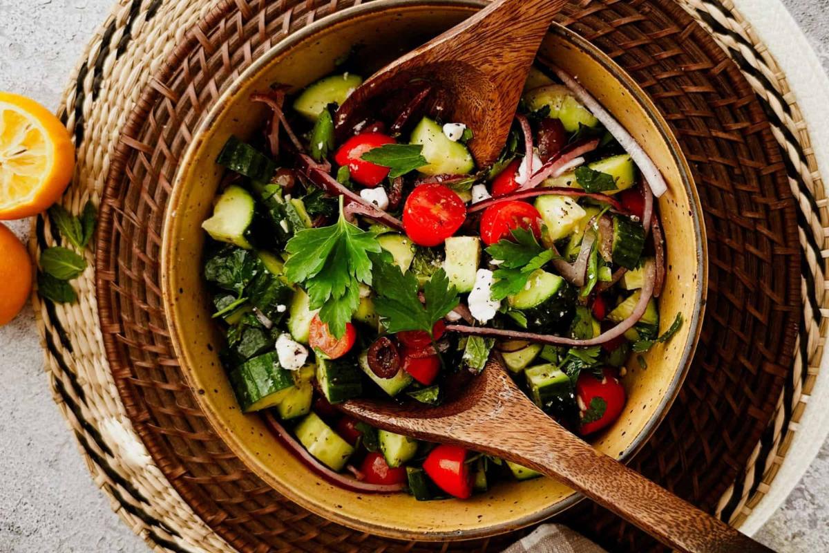 Mediterranean Cucumber Tomato Salad overhead view.