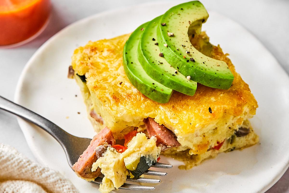 A slice of cottage cheese egg bake on a plate.