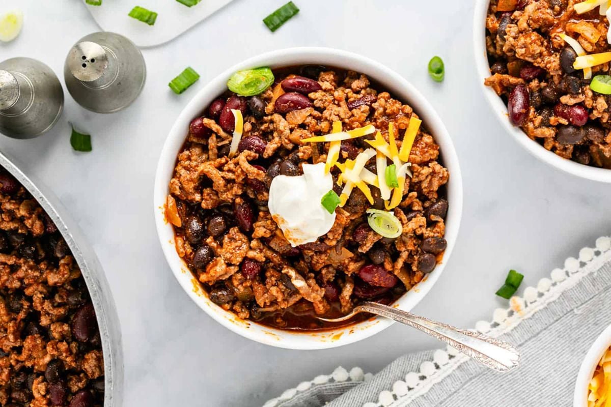 Pork and Beef Chili in a bowl.