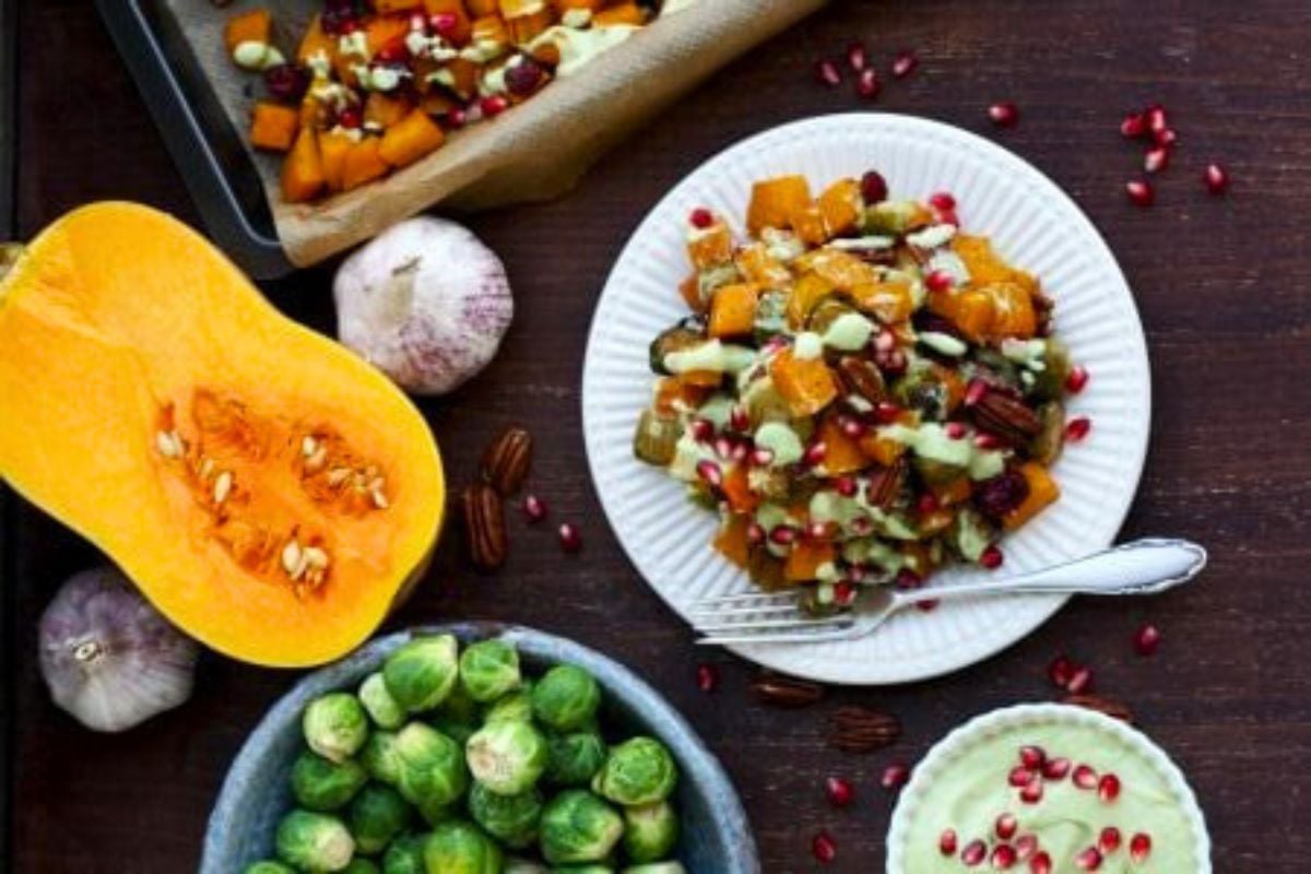 Roasted Brussels Sprouts with Butternut Squash overhead view.