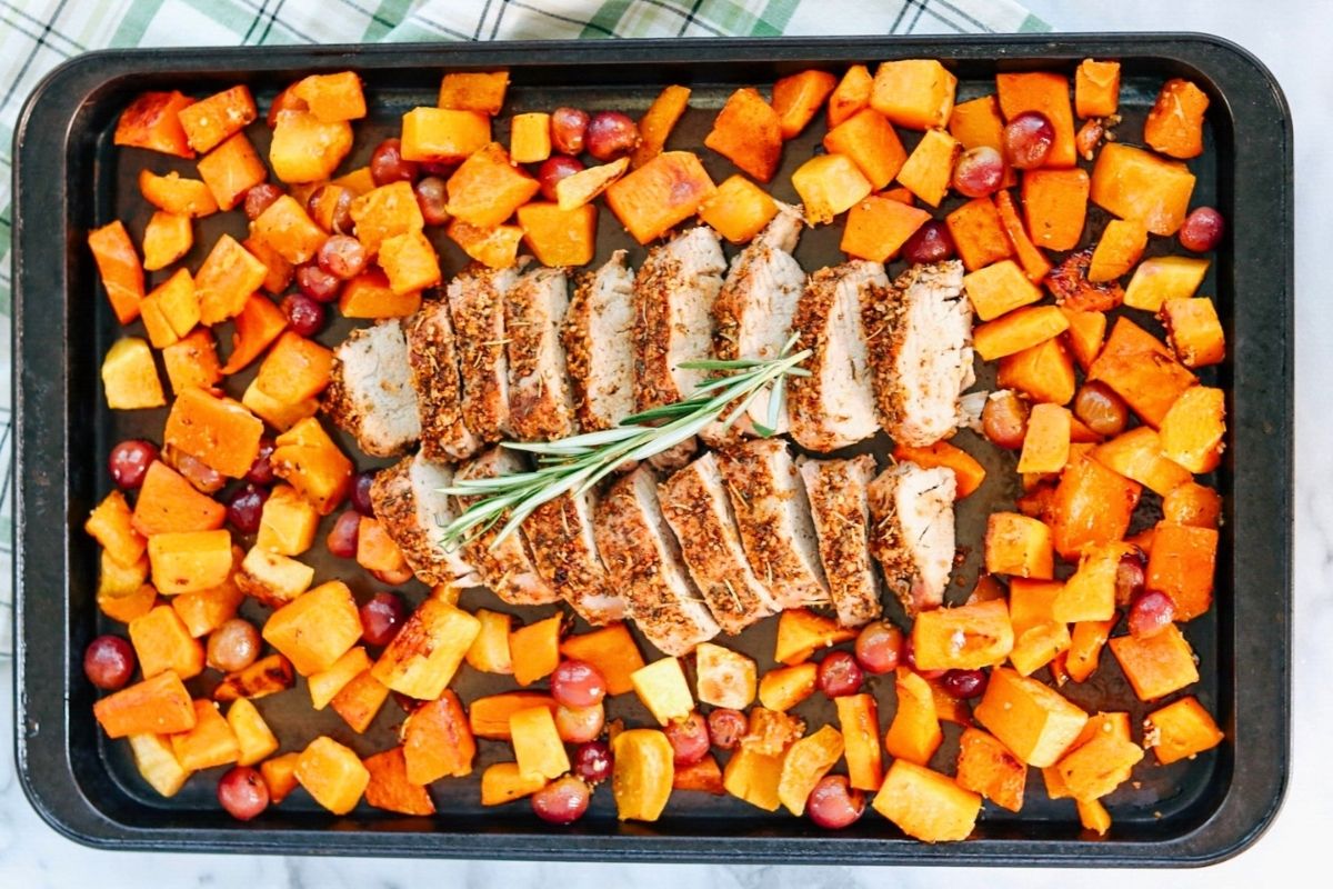 Sheet Pan Pork Tenderloin with Squash and Grapes overhead view.