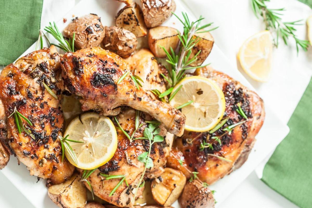 Sheet Pan Roasted Greek Chicken with Garlic Potatoes overhead view.