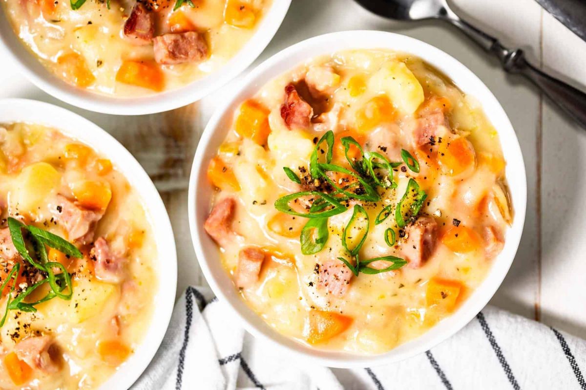 Slow Cooker Ham and Potato Soup in a bowl.