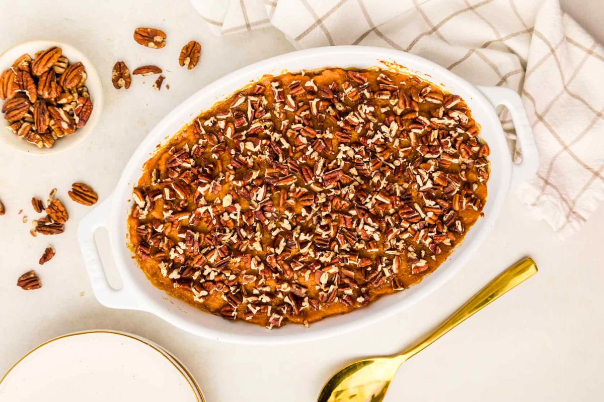 Sweet Potato Casserole overhead view.