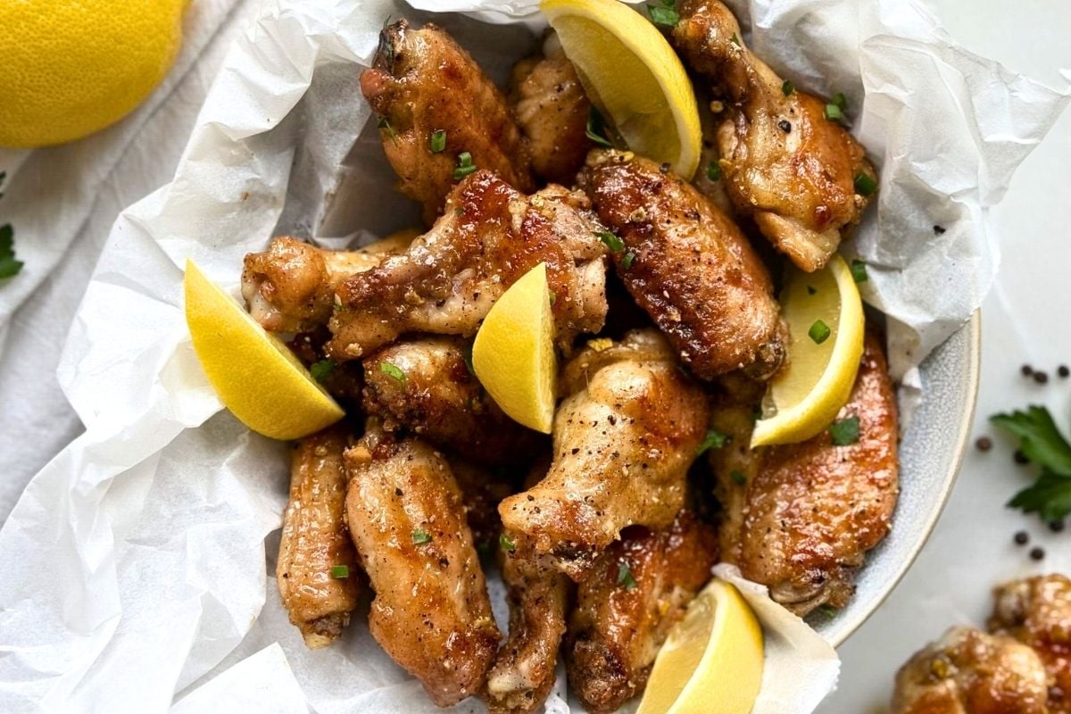 Sweet and Tangy Lemon Pepper Chicken Wings overhead view.