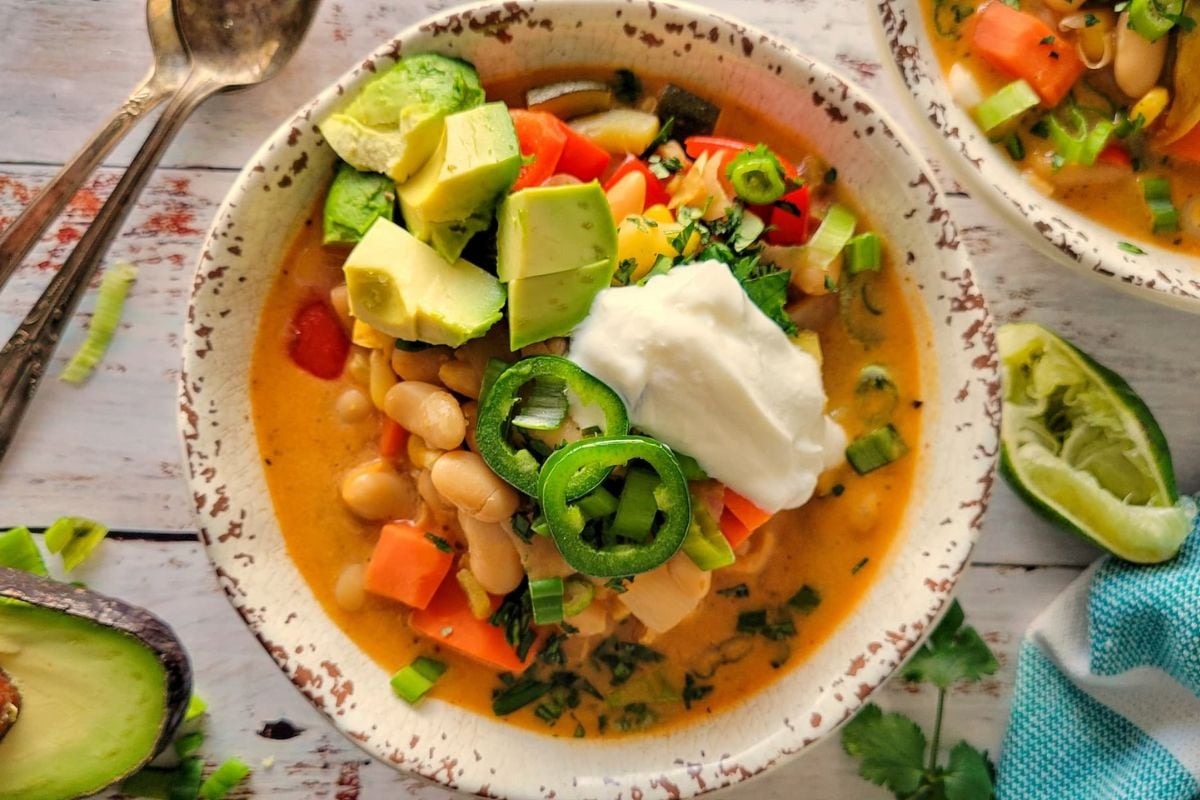 Vegan White Bean Chili in a bowl.