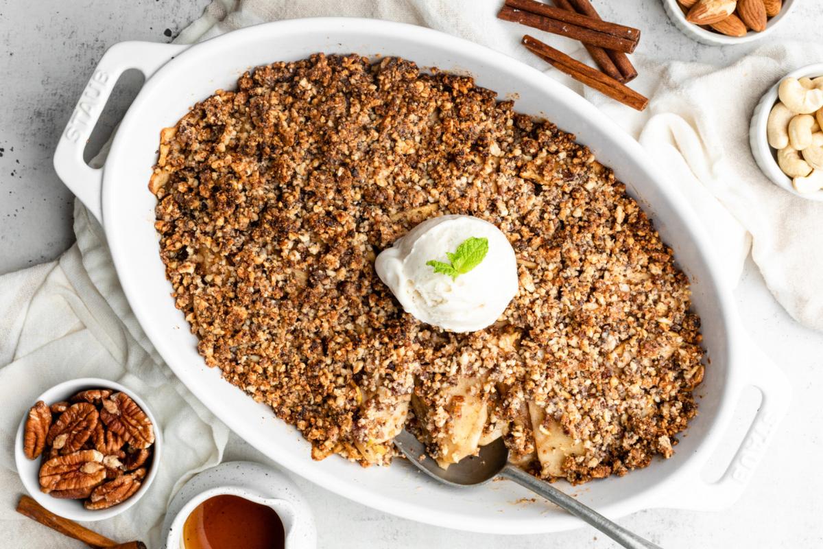Apple crisp in a baking dish.