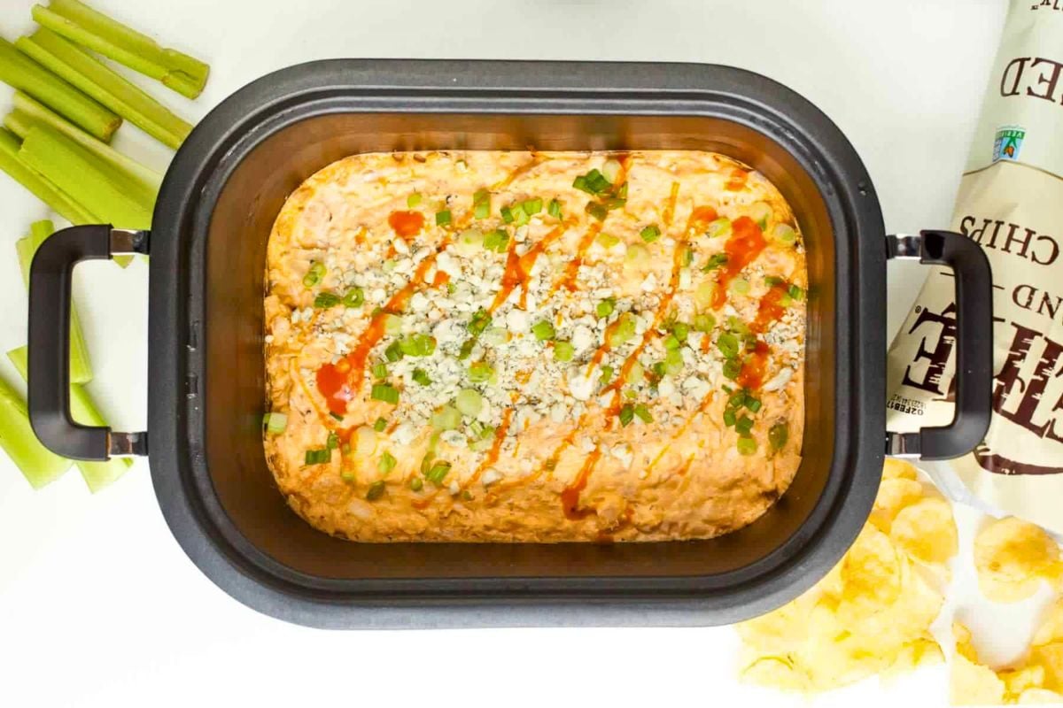 Crockpot Buffalo Chicken Dip for Game Day overhead view.