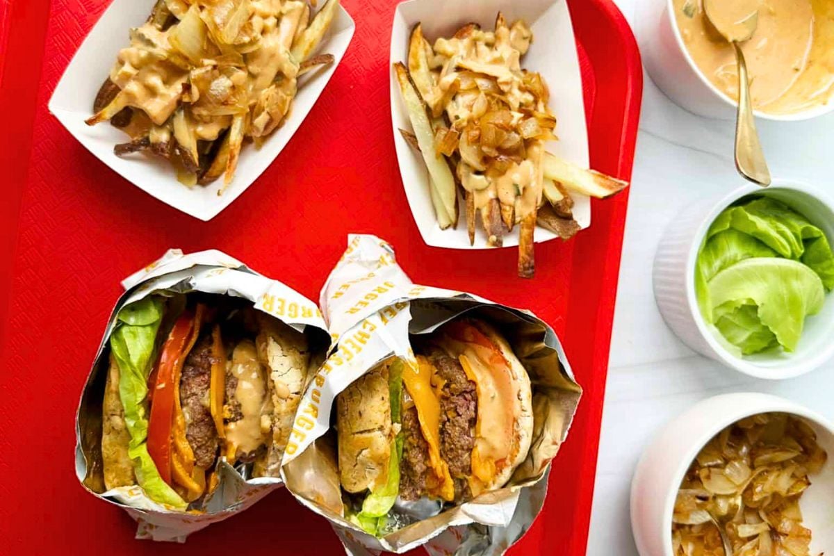 Copycat In N Out Burgers overhead view.