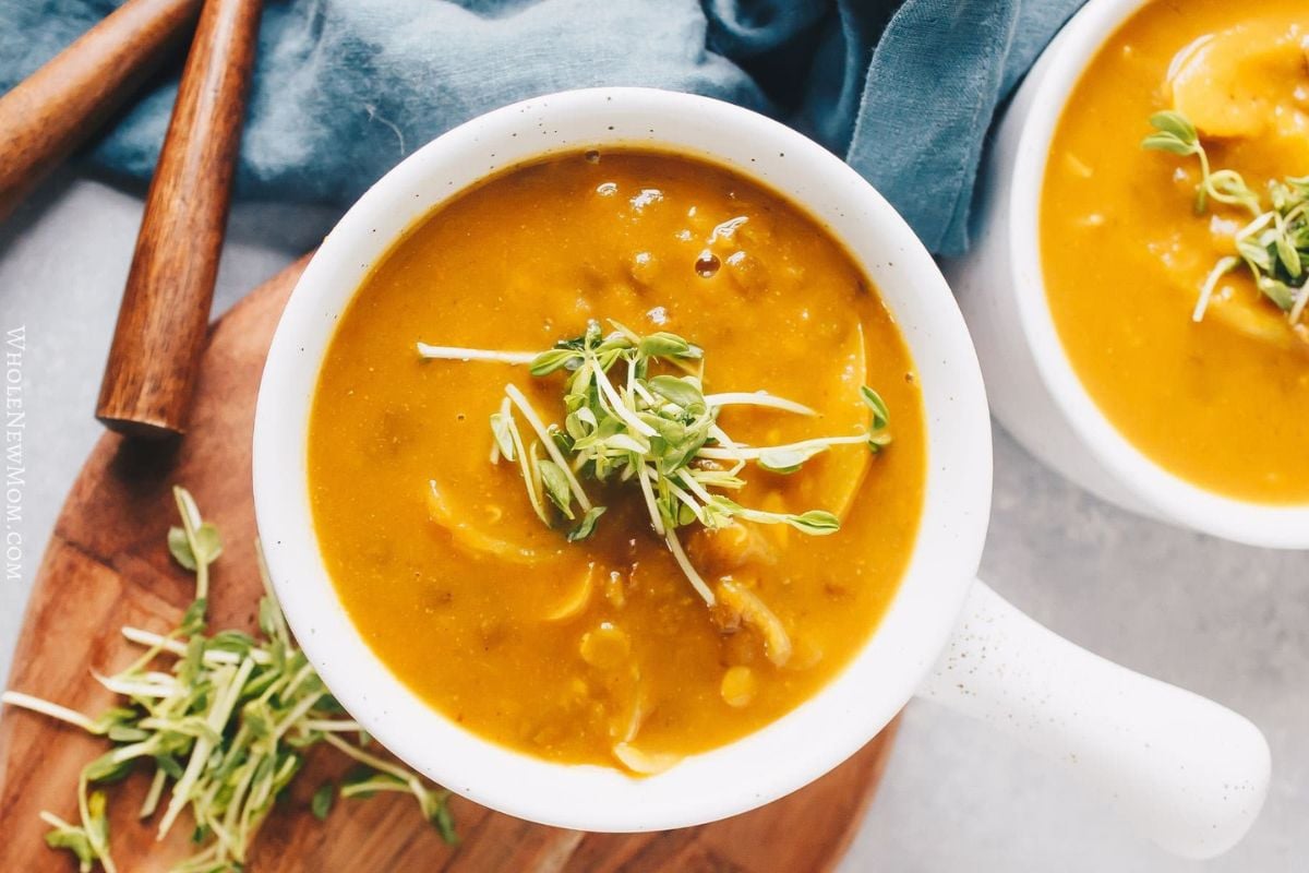 Curry Butternut Squash and Lentil Soup overhead view.