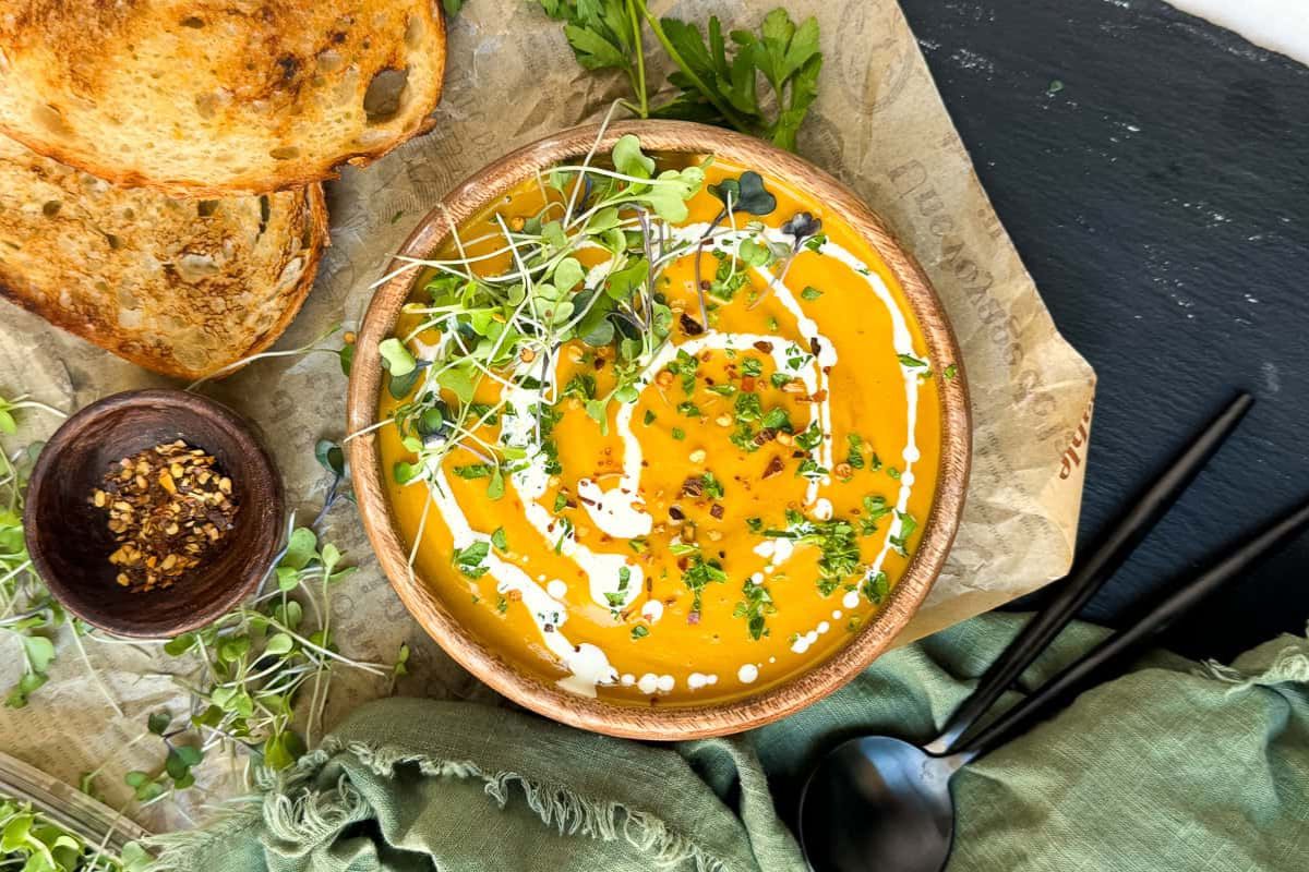 Vegan Butternut Squash Soup overhead view.