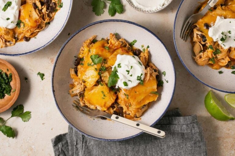 Crock-Pot Chicken Enchilada Casserole on a plate.