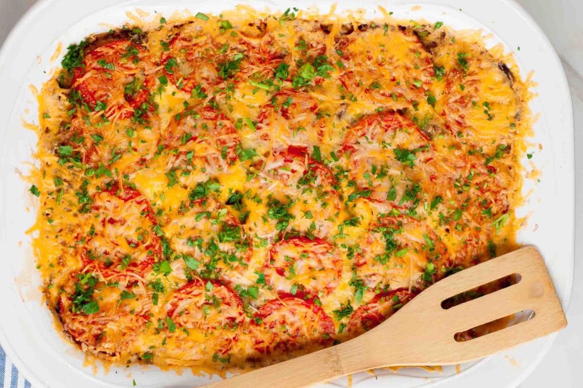 Hash Brown Tomato Breakfast Casserole in a baking dish.