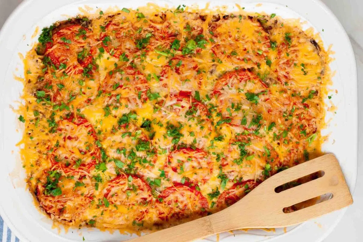 Hash Brown Tomato Breakfast Casserole in a baking dish.