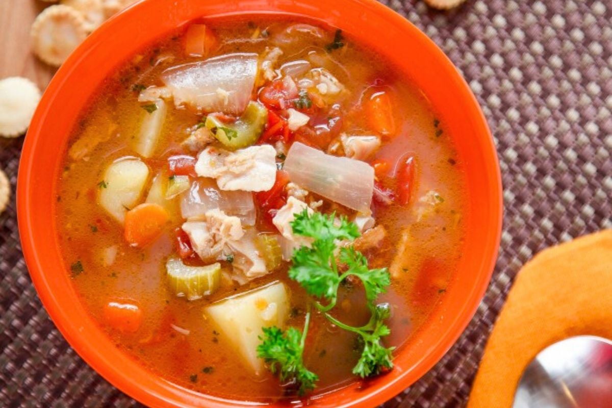 Manhattan Clam Chowder With Bacon in a bowl.