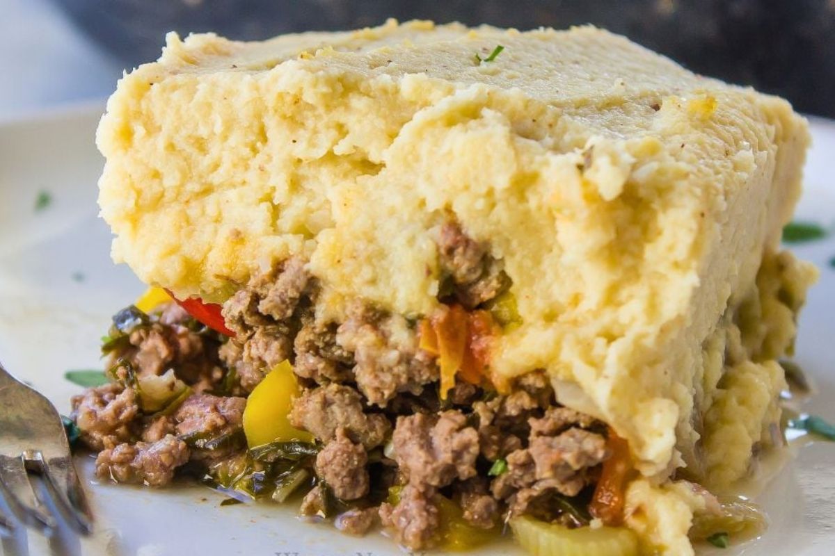 Paleo Keto Shepherd’s Pie with Roasted Veggies close up look.