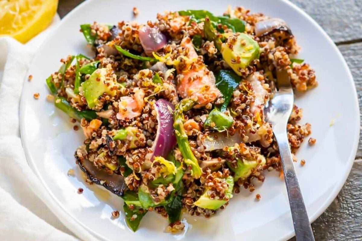 Salmon Quinoa Bowl on a plate.