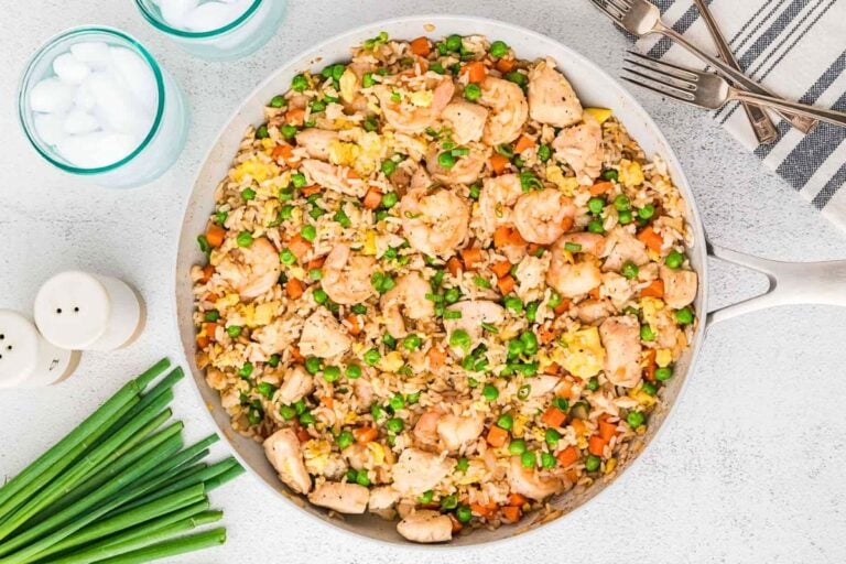 Shrimp and Chicken Fried Rice in a pan.