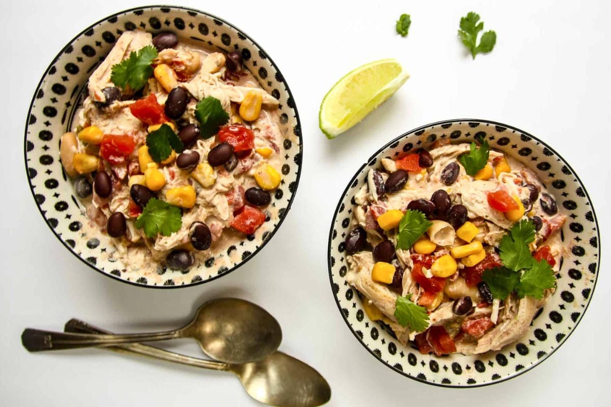 Slow Cooker Cream Cheese Chicken Chili overhead view.