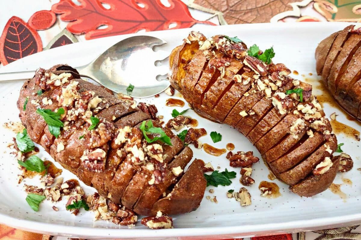 Air Fryer Hasselback Sweet Potatoes on a plate.