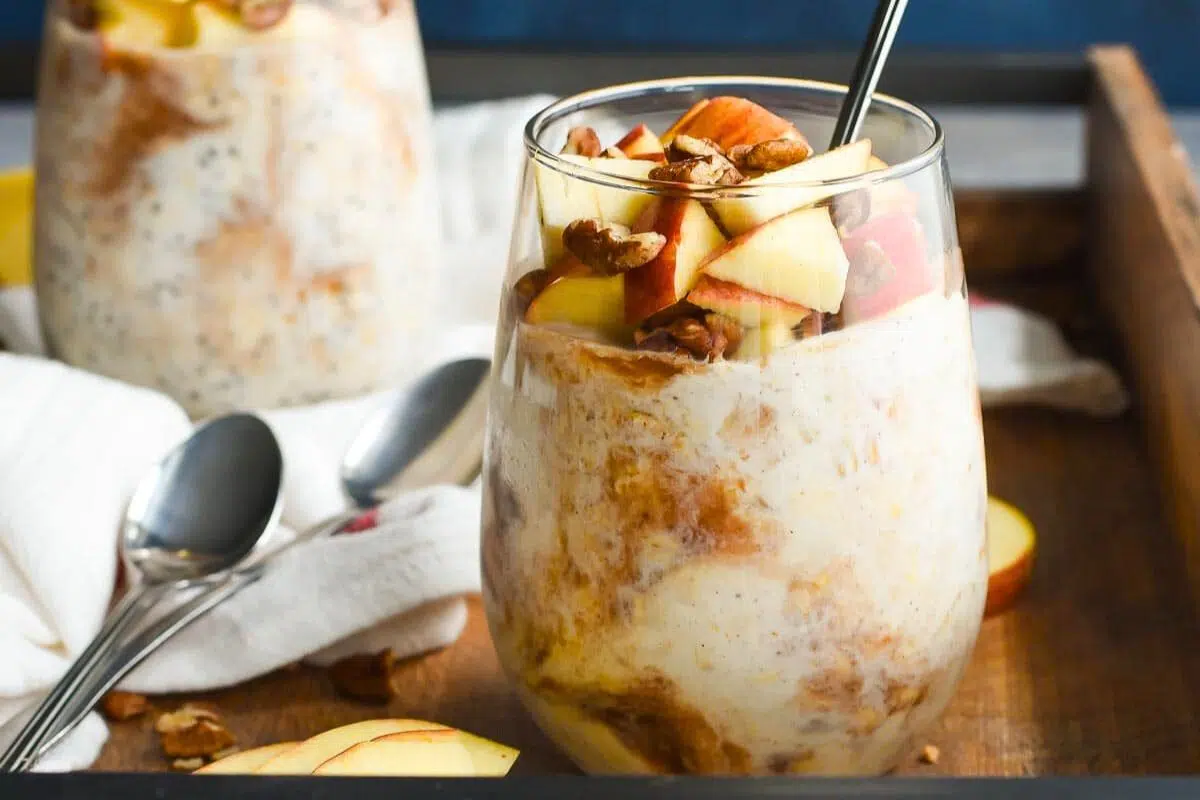 Apple Butter Overnight Oats in a glass.