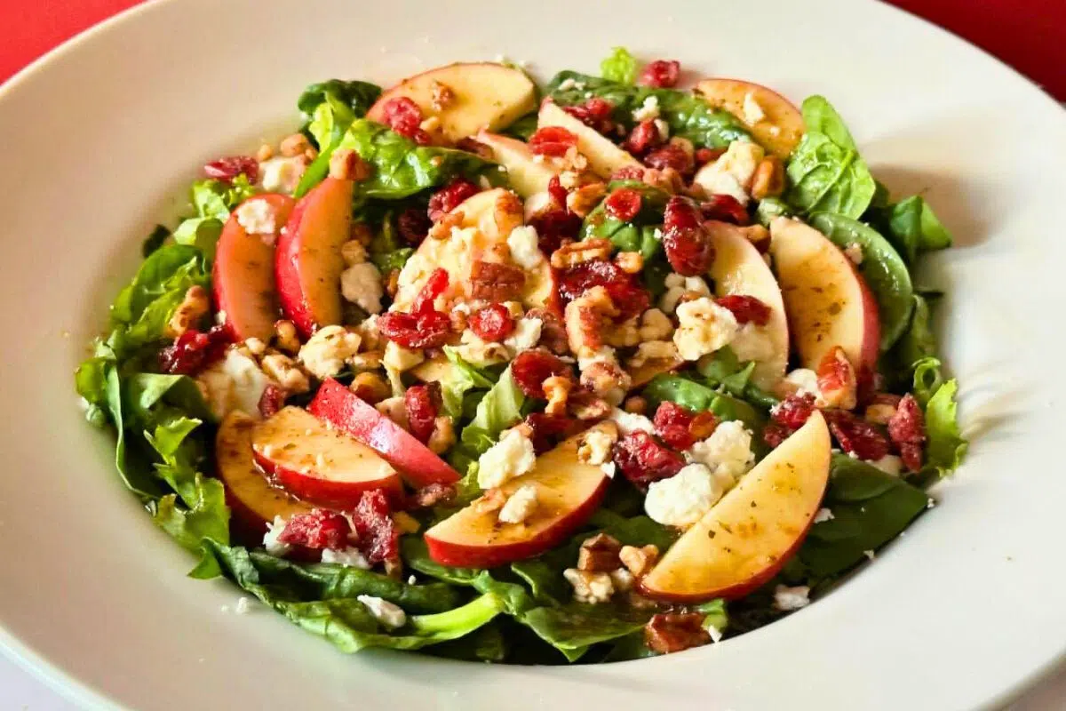 Apple Gorgonzola Salad with Balsamic Vinaigrette Dressing close up look.
