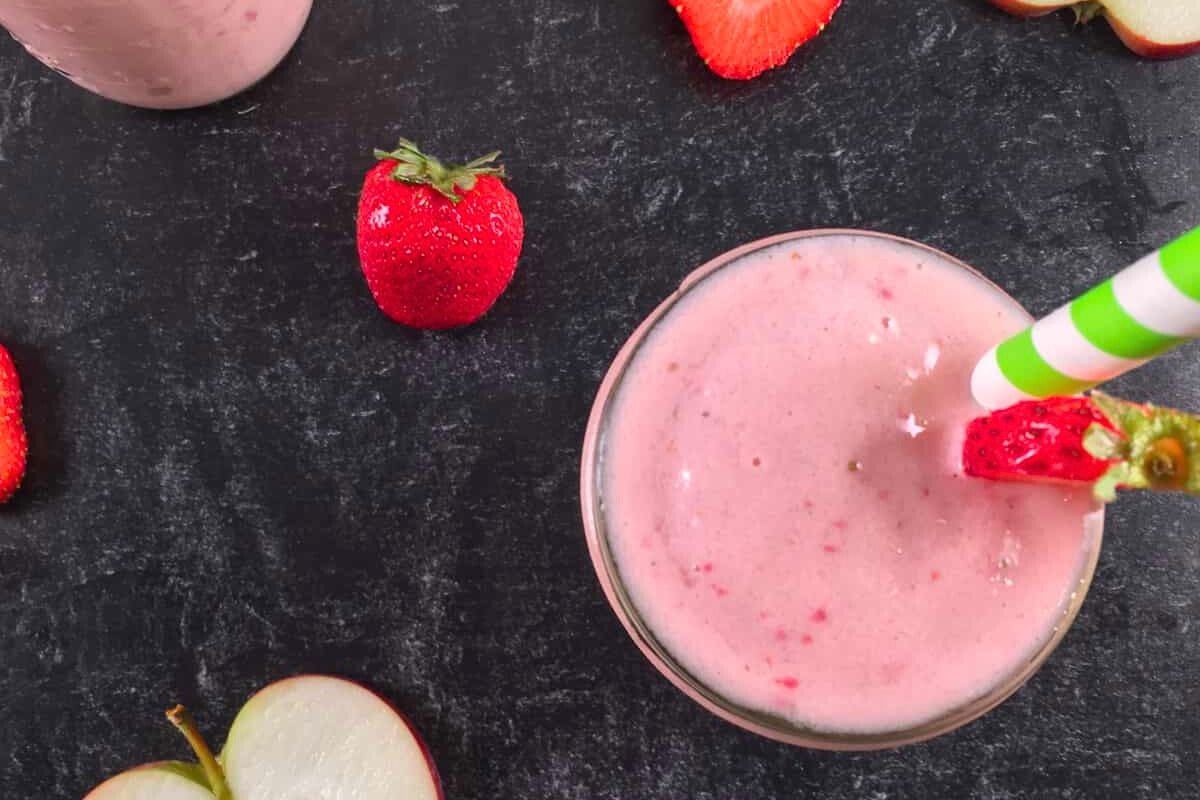 Apple Strawberry Smoothie overhead view.