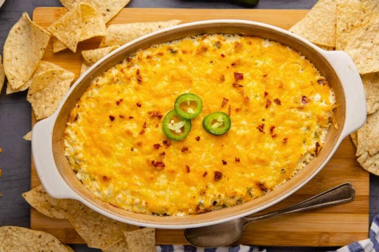Baked Jalapeno Popper Dip overhead view.
