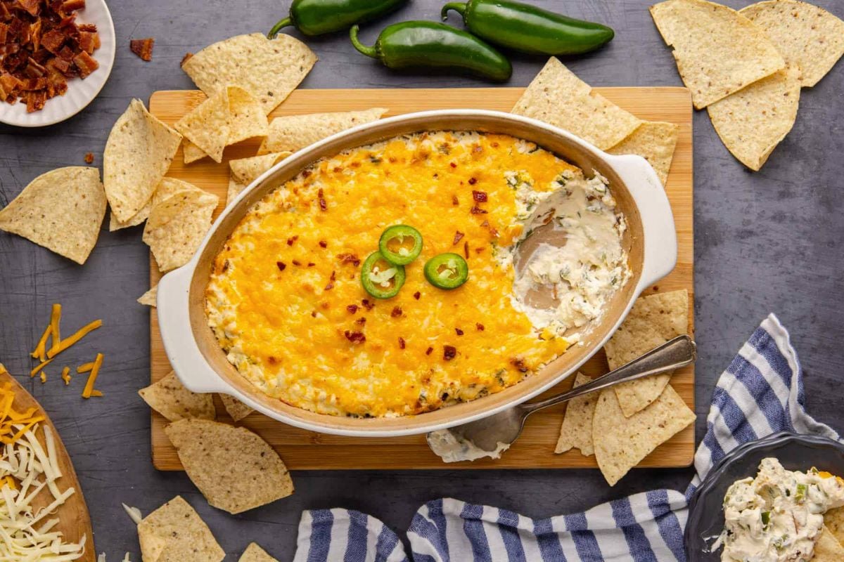 Baked Jalapeno Popper Dip overhead view.