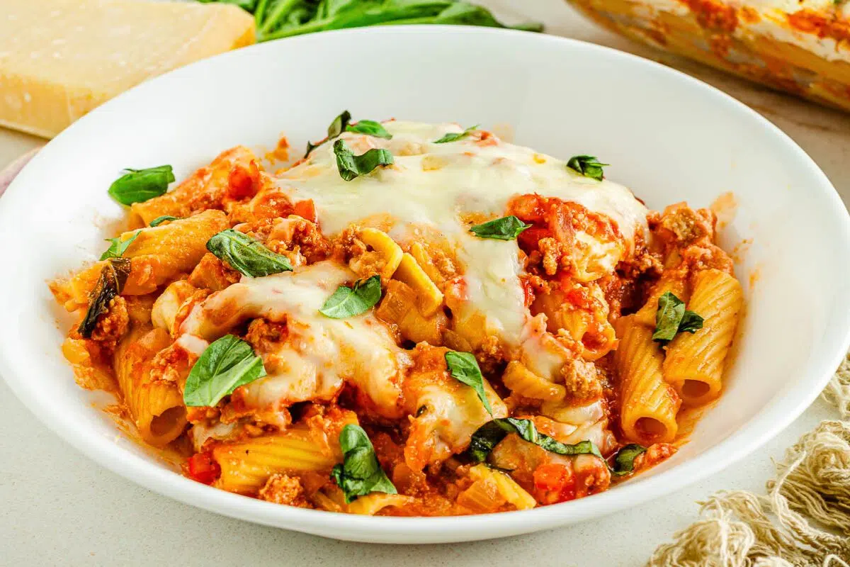 Baked Pasta with Ground Turkey and Ricotta topped with melted cheese.