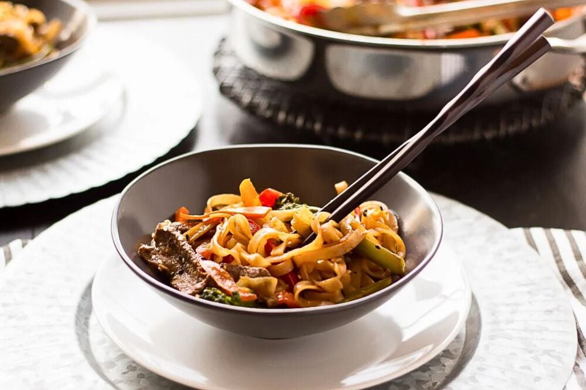Beef Noodle Stir Fry in a bowl.