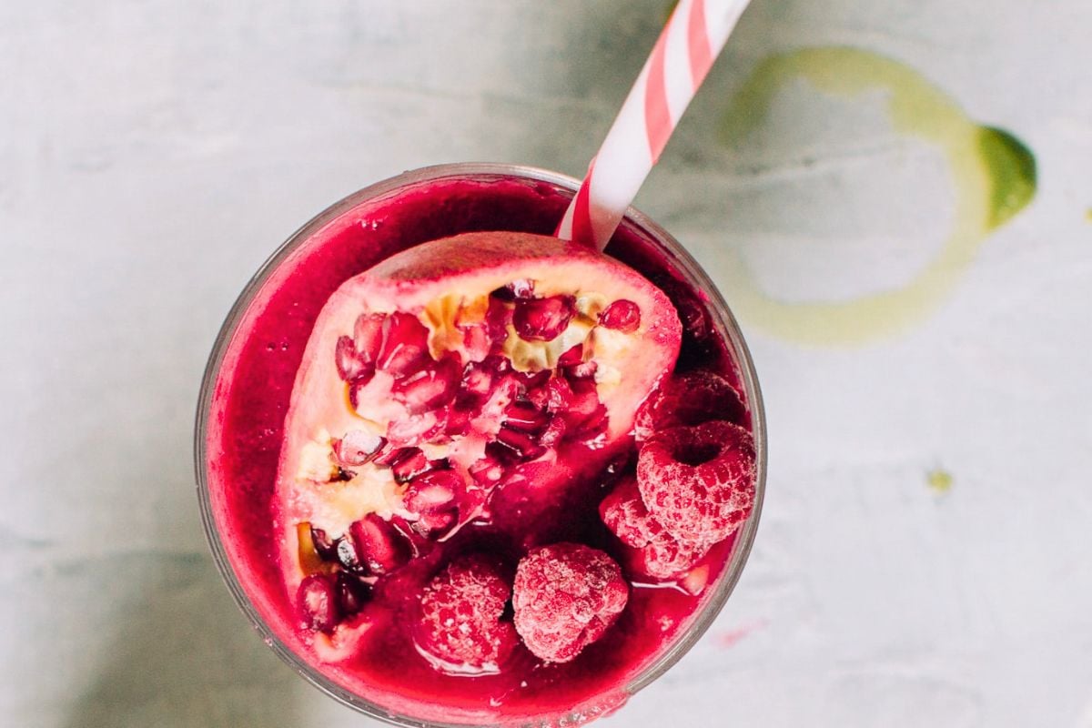 Beet and Pomegranate Glow Smoothie overhead view.