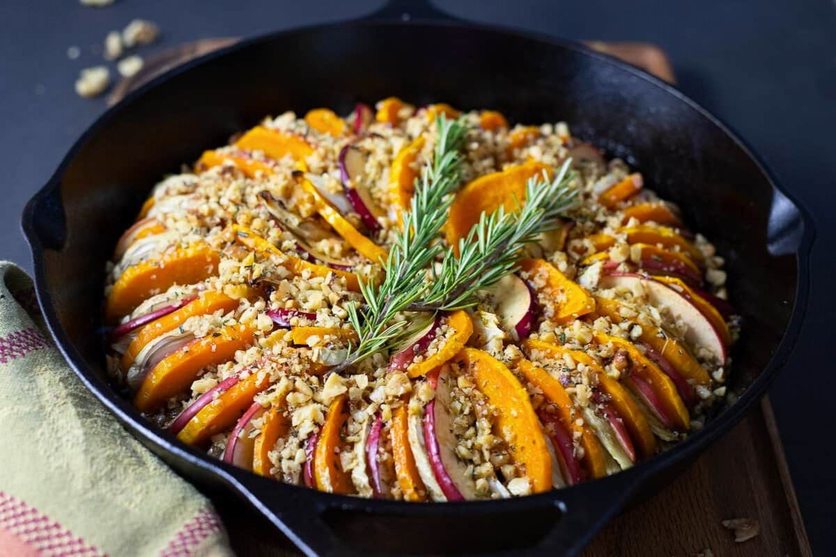 Butternut Squash, Apple, and Fennel Tian in a skillet.