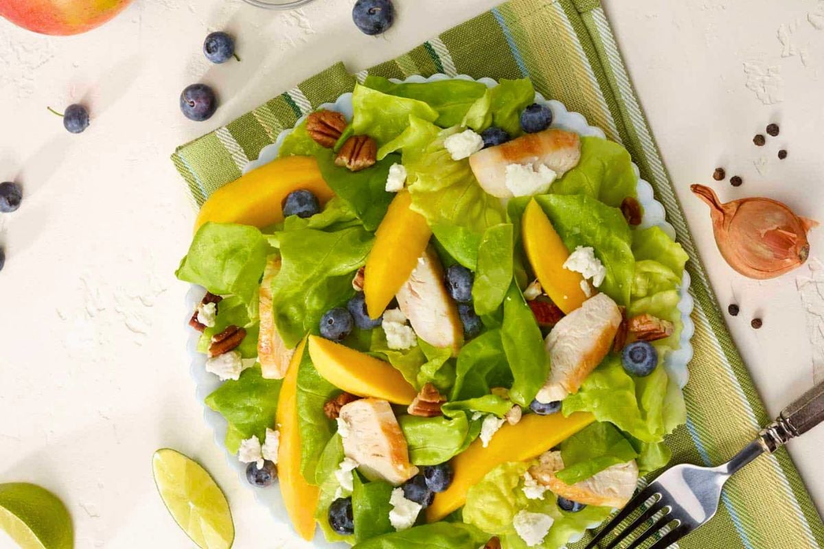 Chicken Blueberry Salad with Mango Salad Dressing overhead view.