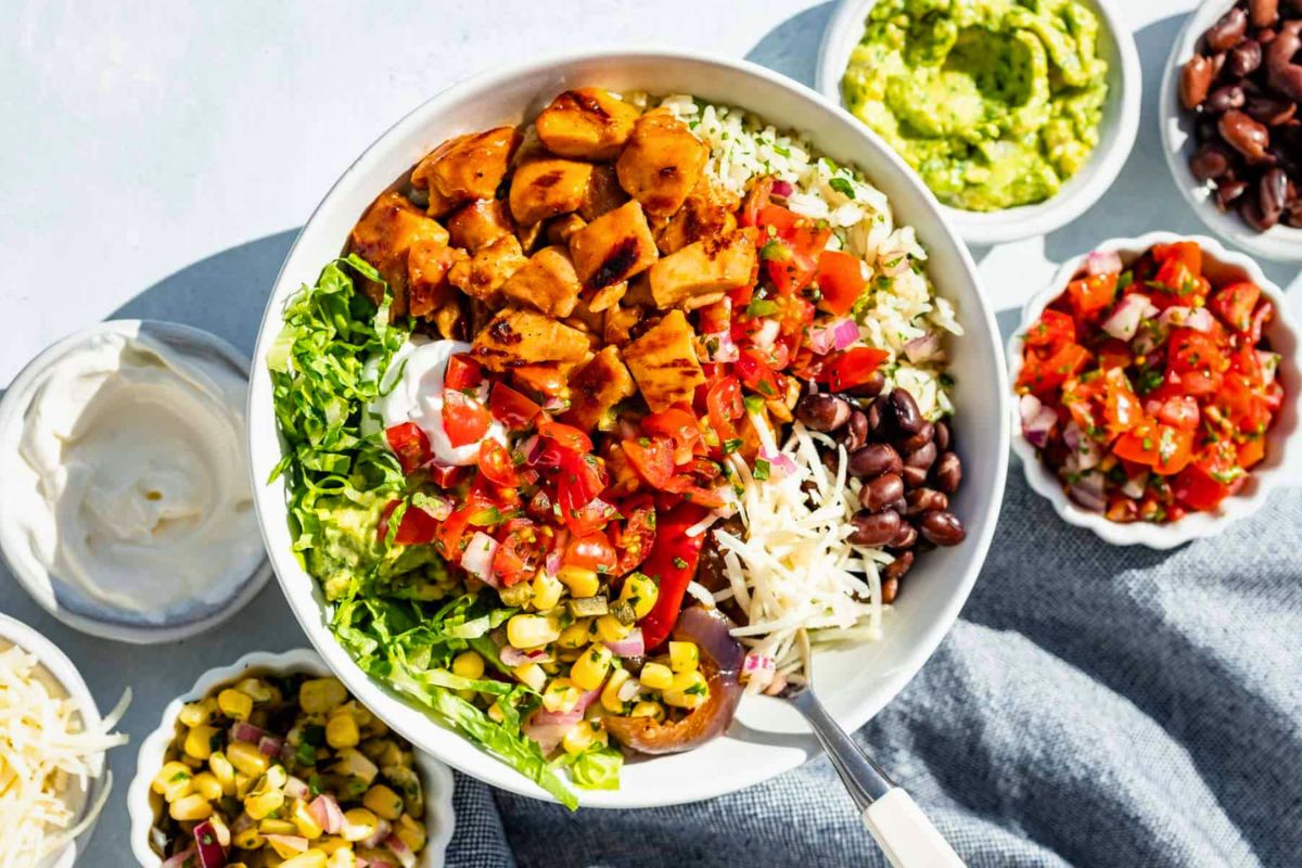 Chipotle Honey Chicken Burrito Bowls overhead view.