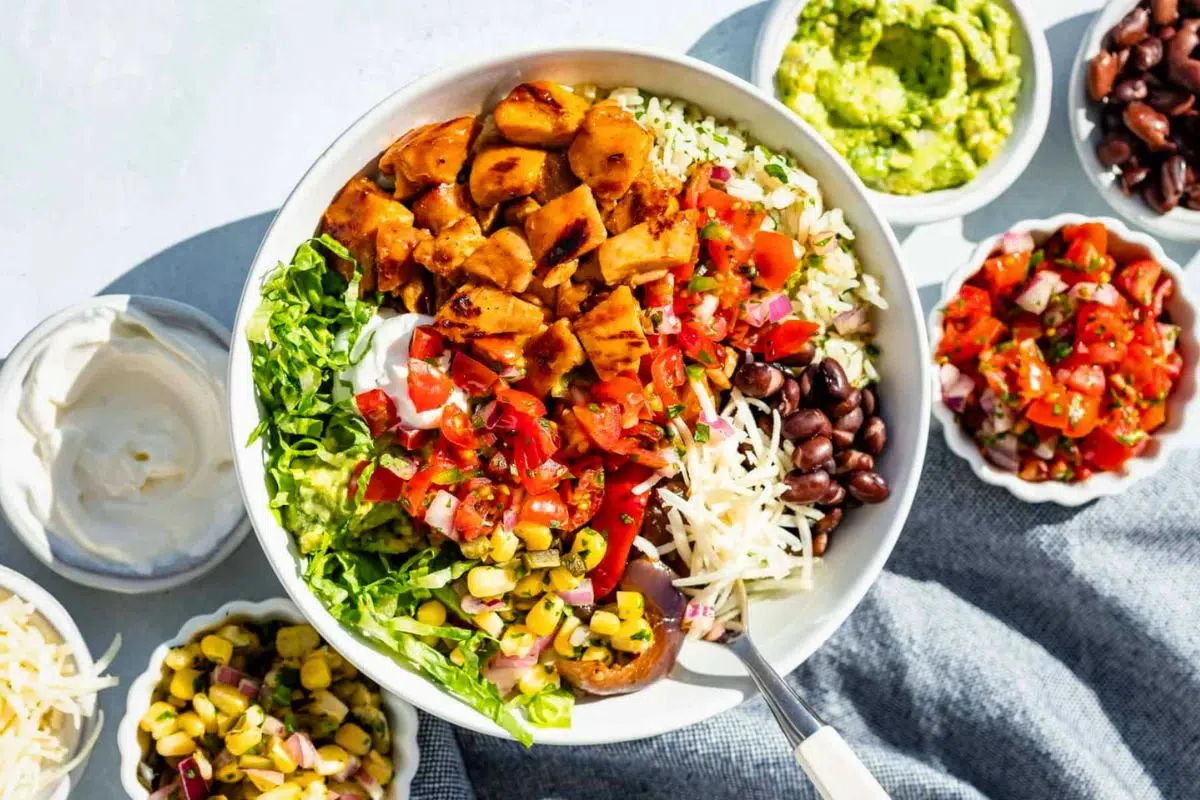 Chipotle Honey Chicken Burrito Bowls overhead view.