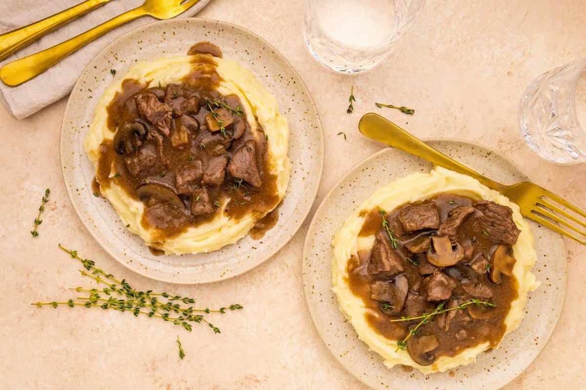 Crockpot Beef Tips and Gravy overhead view.