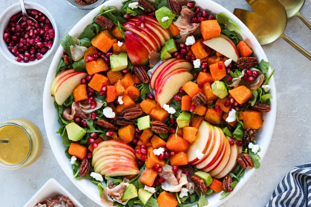 Fall Harvest Salad with Maple Apple Cider Vinaigrette close up look.