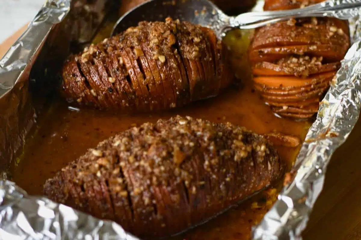Hasselback Sweet Potatoes close up look.