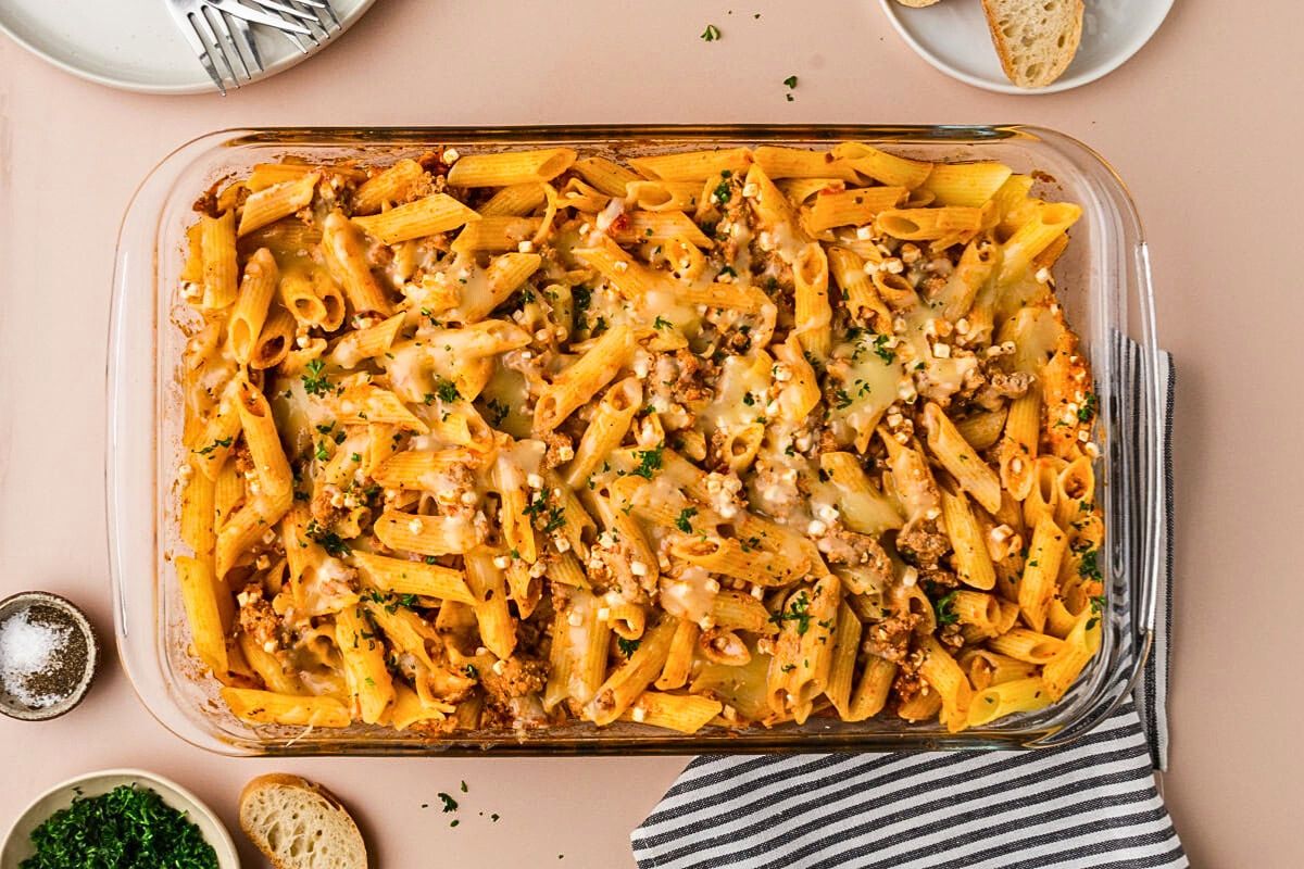 High Protein Baked Ziti overhead view.
