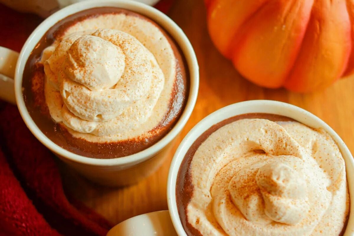 Hot Chocolate with Pumpkin Spice in mugs.