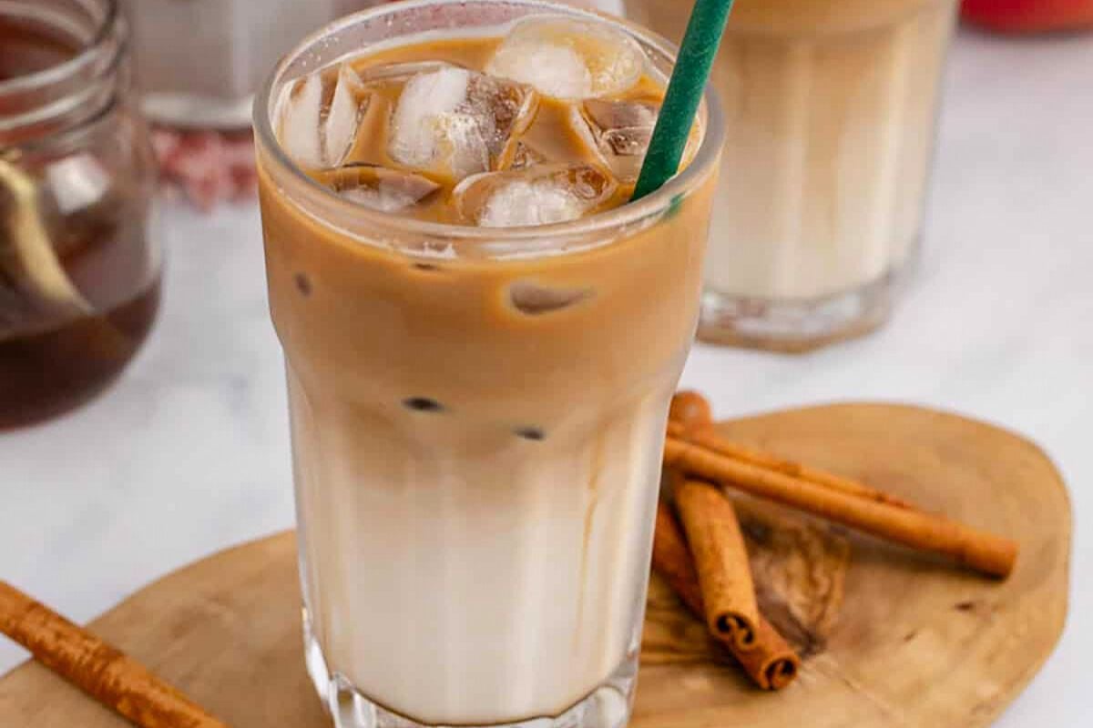Iced Apple Crisp Oat Milk Macchiato close up look.