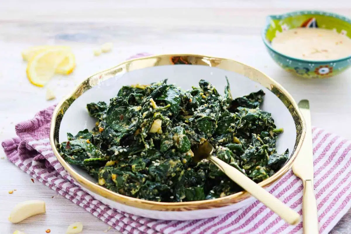 Kale Salad with Lemon Tahini Dressing in a bowl.