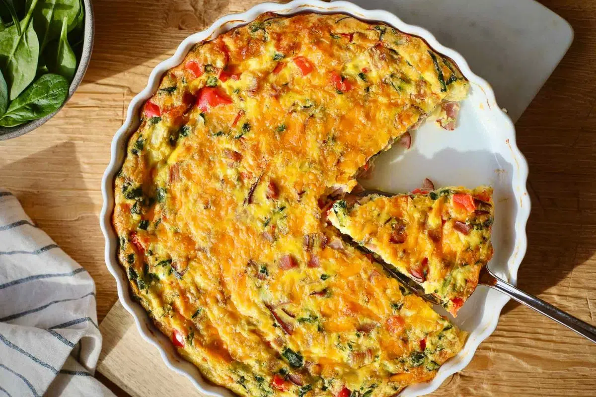 Leek and Bacon Frittata with Asparagus overhead view.