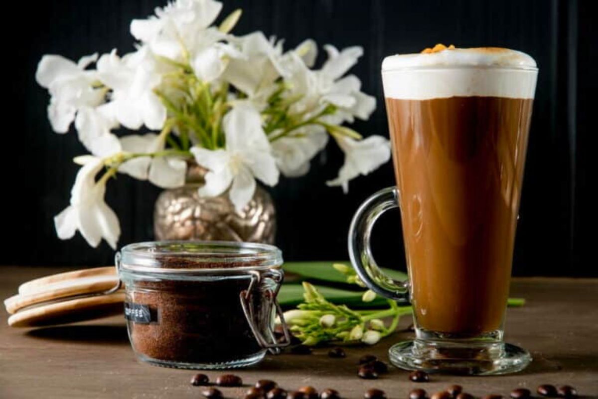 Marshmallow pumpkin latte on a table.