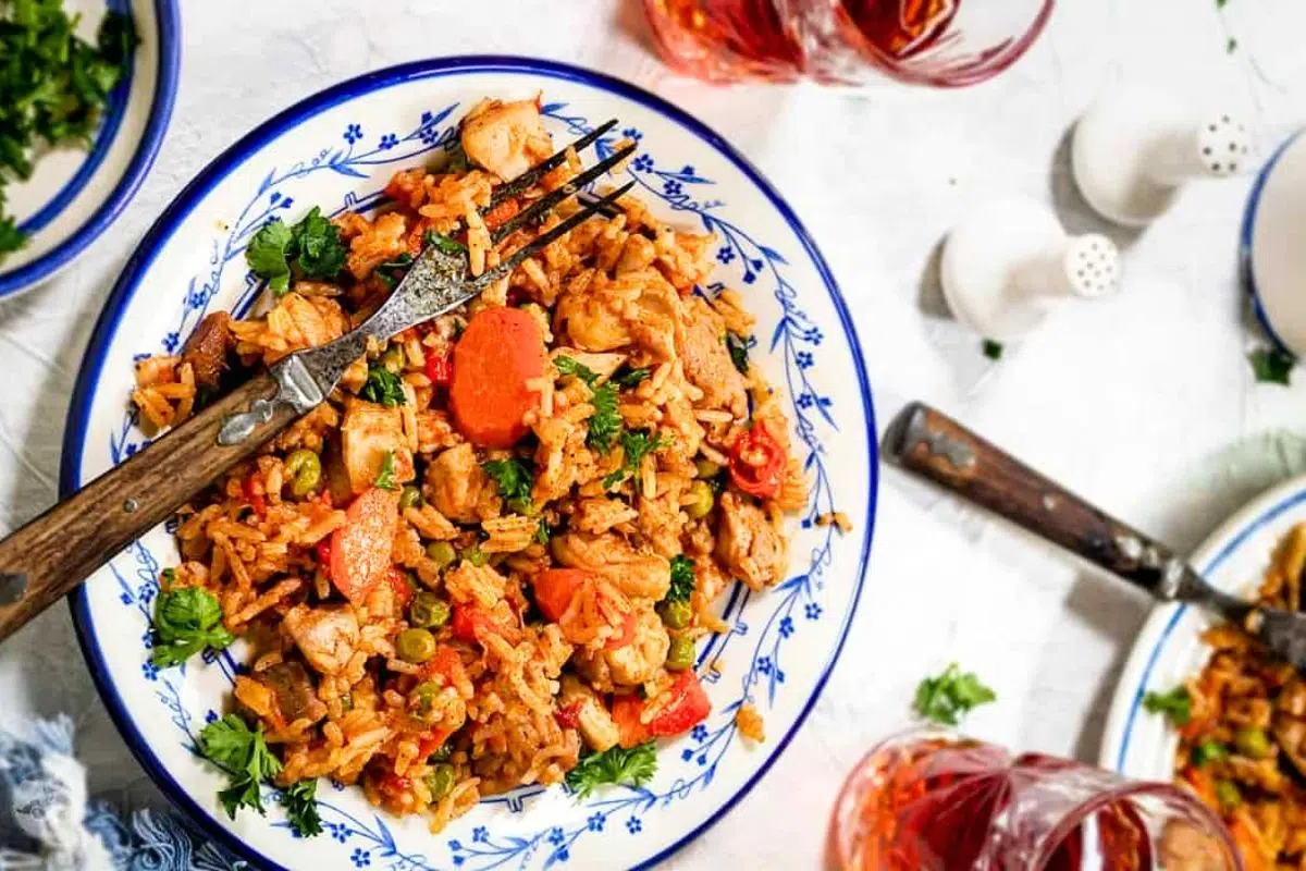 One-Pot Chicken and Rice with Veggies garnished with chopped cilantro.