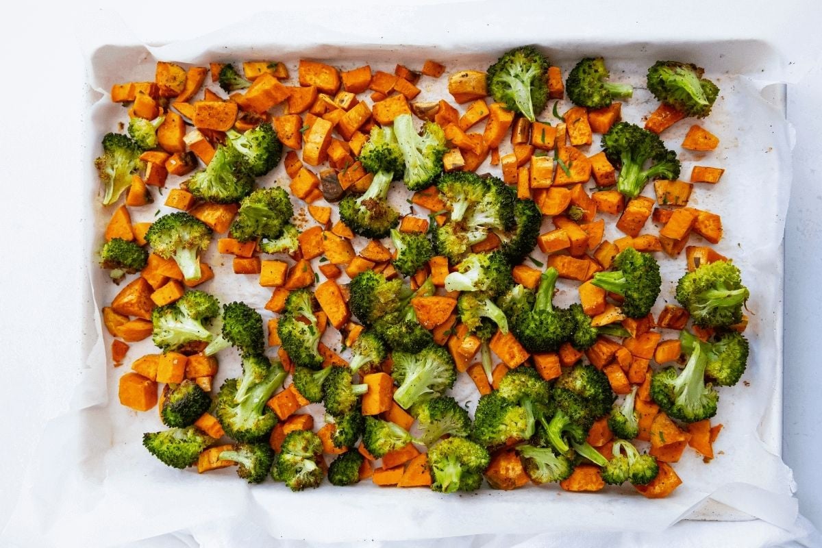 Oven Roasted Sweet Potatoes and Broccoli overhead view.