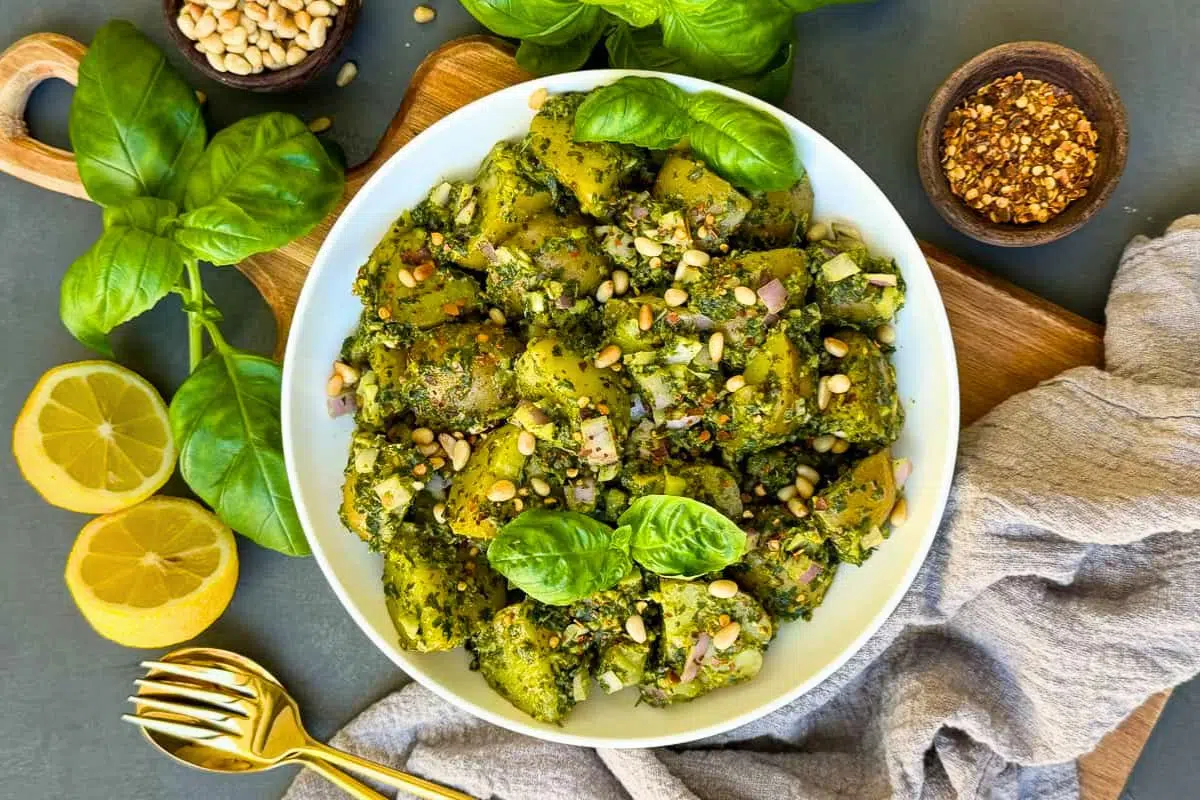 Pesto Potato Salad overhead view.